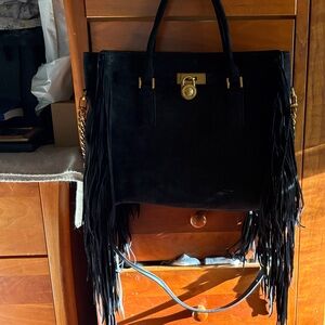 Michael Kors Black Fringe Suede Tote with Gold Hardware